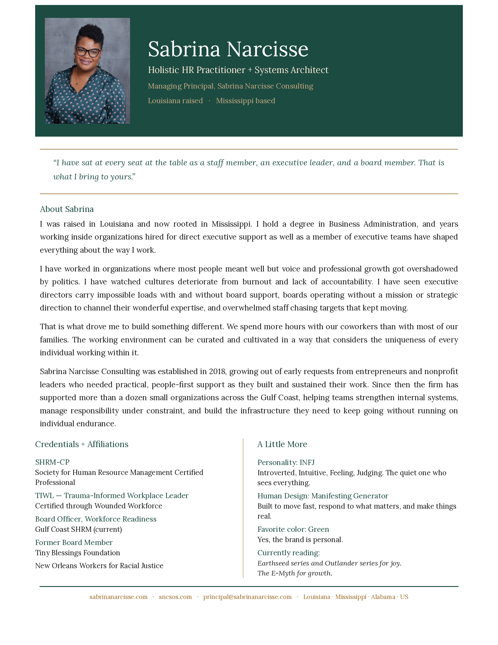 A professional profile webpage for Sabrina Narcisse featuring her photo, name, job title, brief description, credentials, personality traits, interests, and contact information, with a color scheme of green and brown accents.