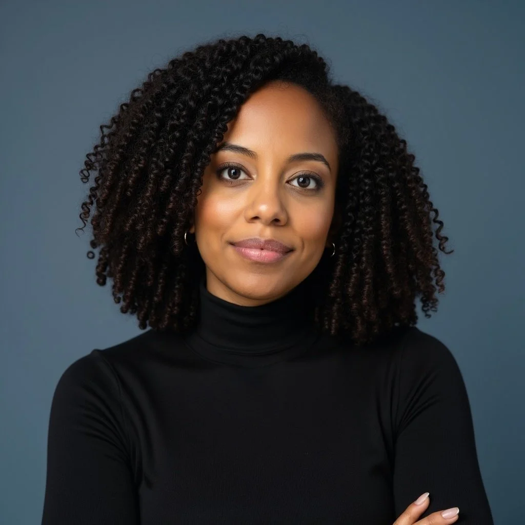Portrait of a woman with dark, curly hair wearing a black turtleneck against a solid dark background.