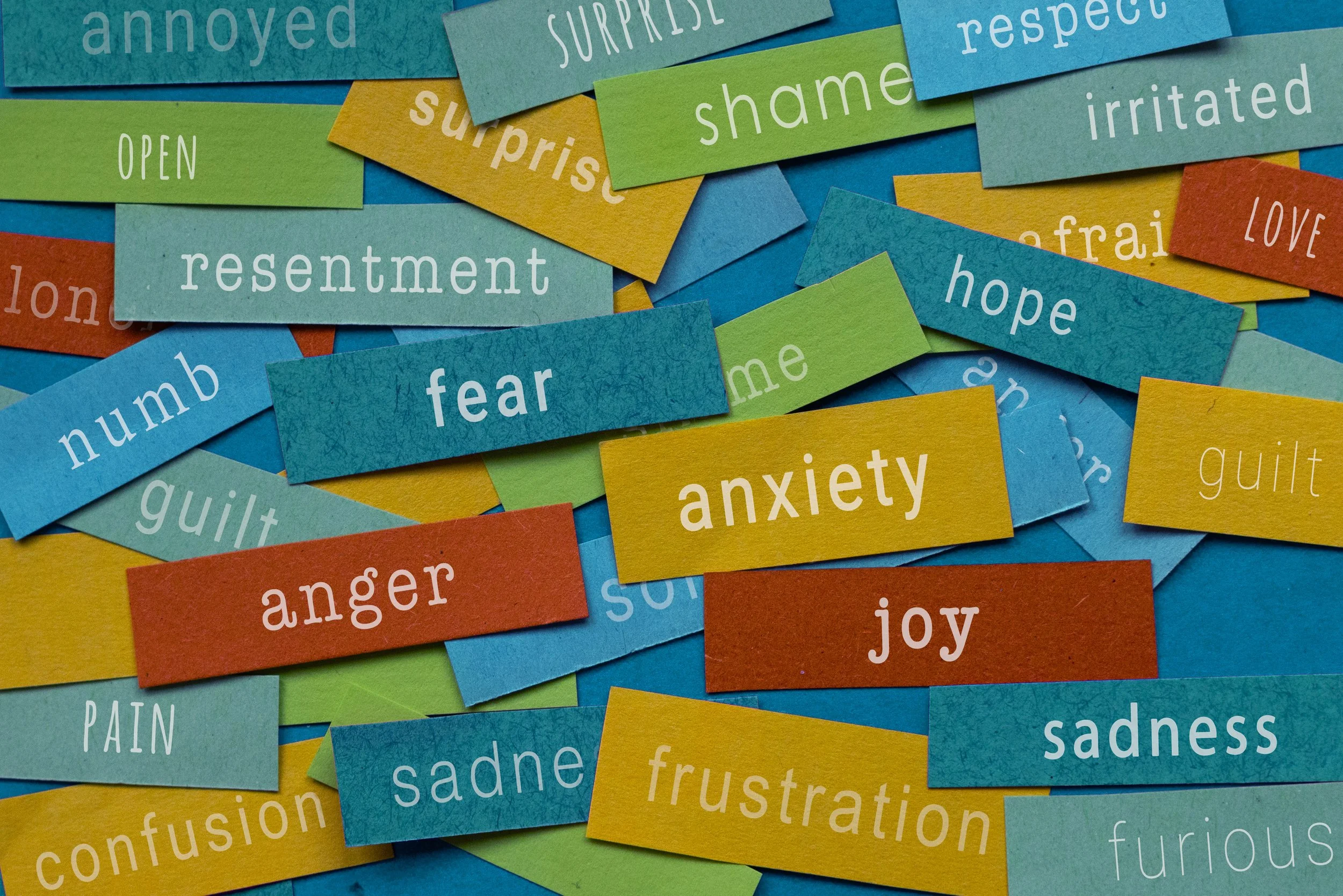 A collage of colorful paper strips with words related to negative emotions and states of mind, including resentment, fear, anger, guilt, disappointment, sadness, frustration, and envy.