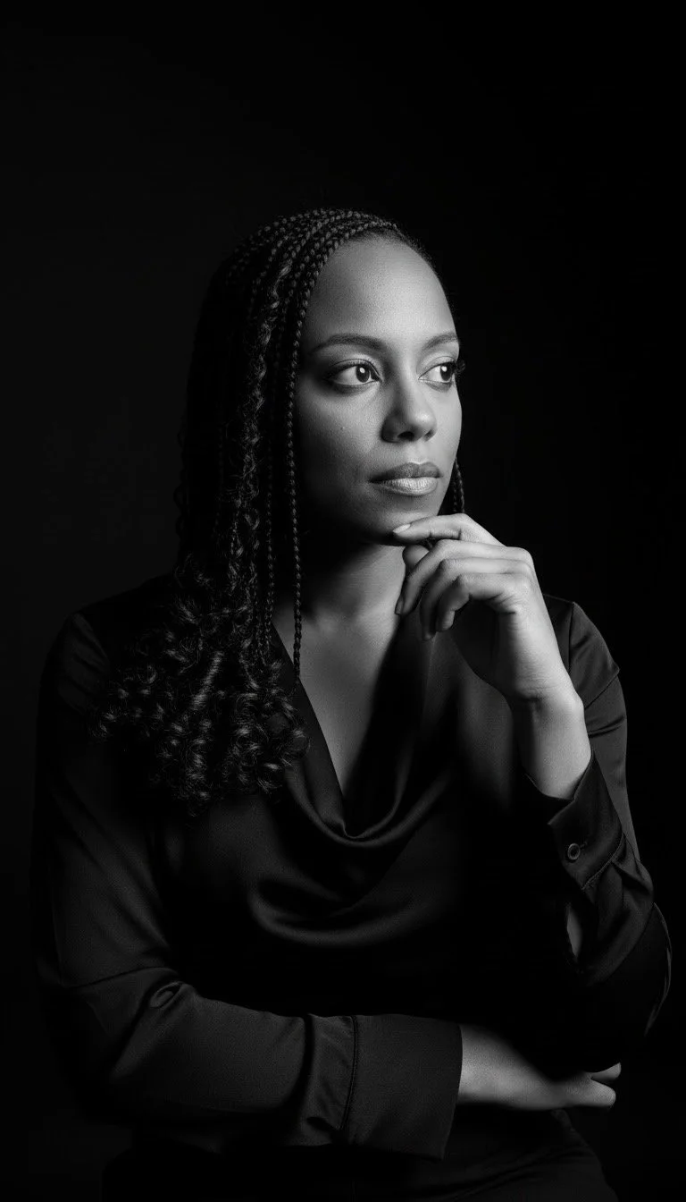 Black and white portrait of a woman with braided hair, wearing a dark blouse, looking thoughtfully into the distance with her hand resting near her chin, against a dark background.
