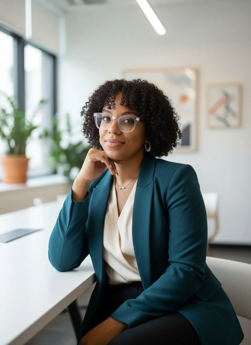 A professional woman with curly hair and glasses sitting at a desk in a modern office space, wearing a blazer and blouse.