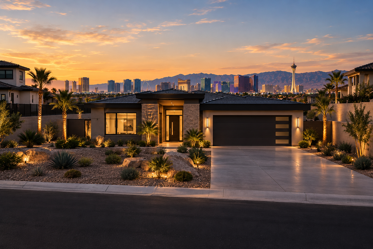 Modern house with desert landscaping and multiple palm trees, illuminated at sunset, with a city skyline and mountains in the background.