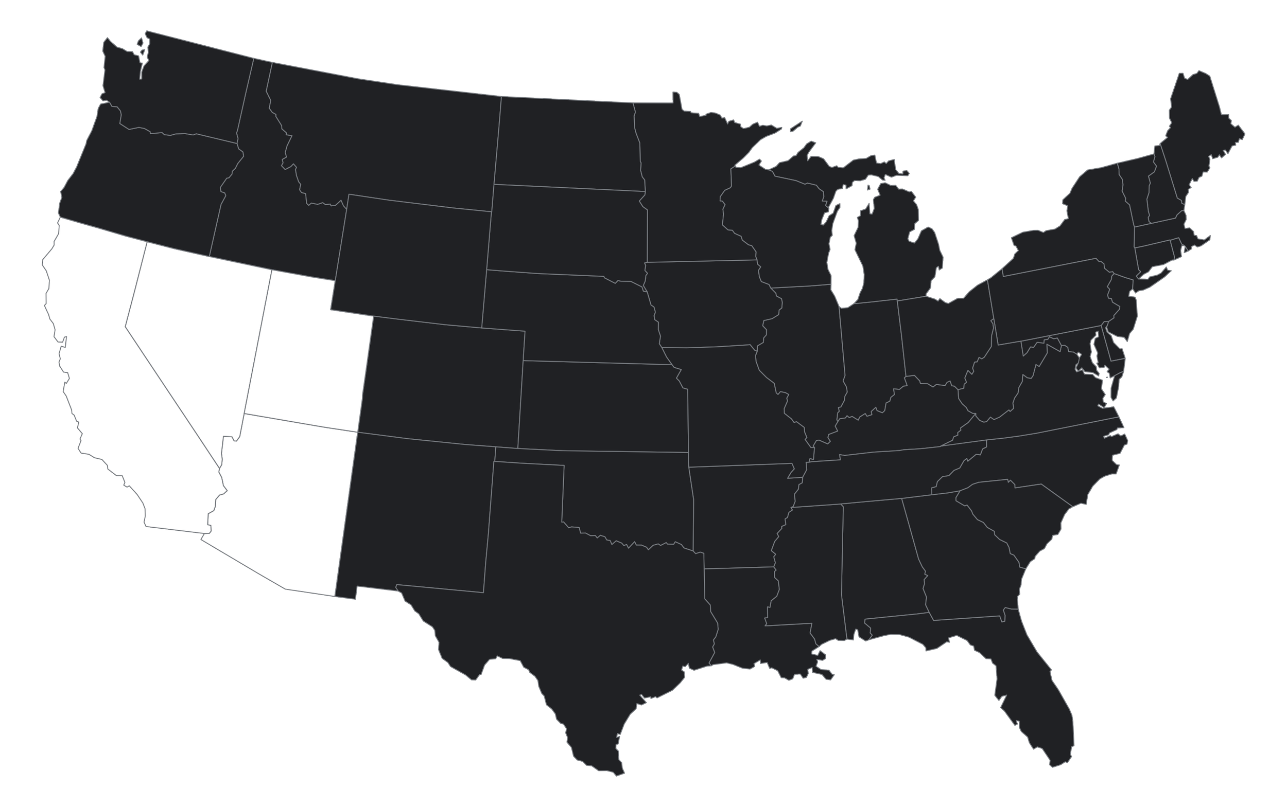 Map of the United States with California highlighted in white and other states in black.