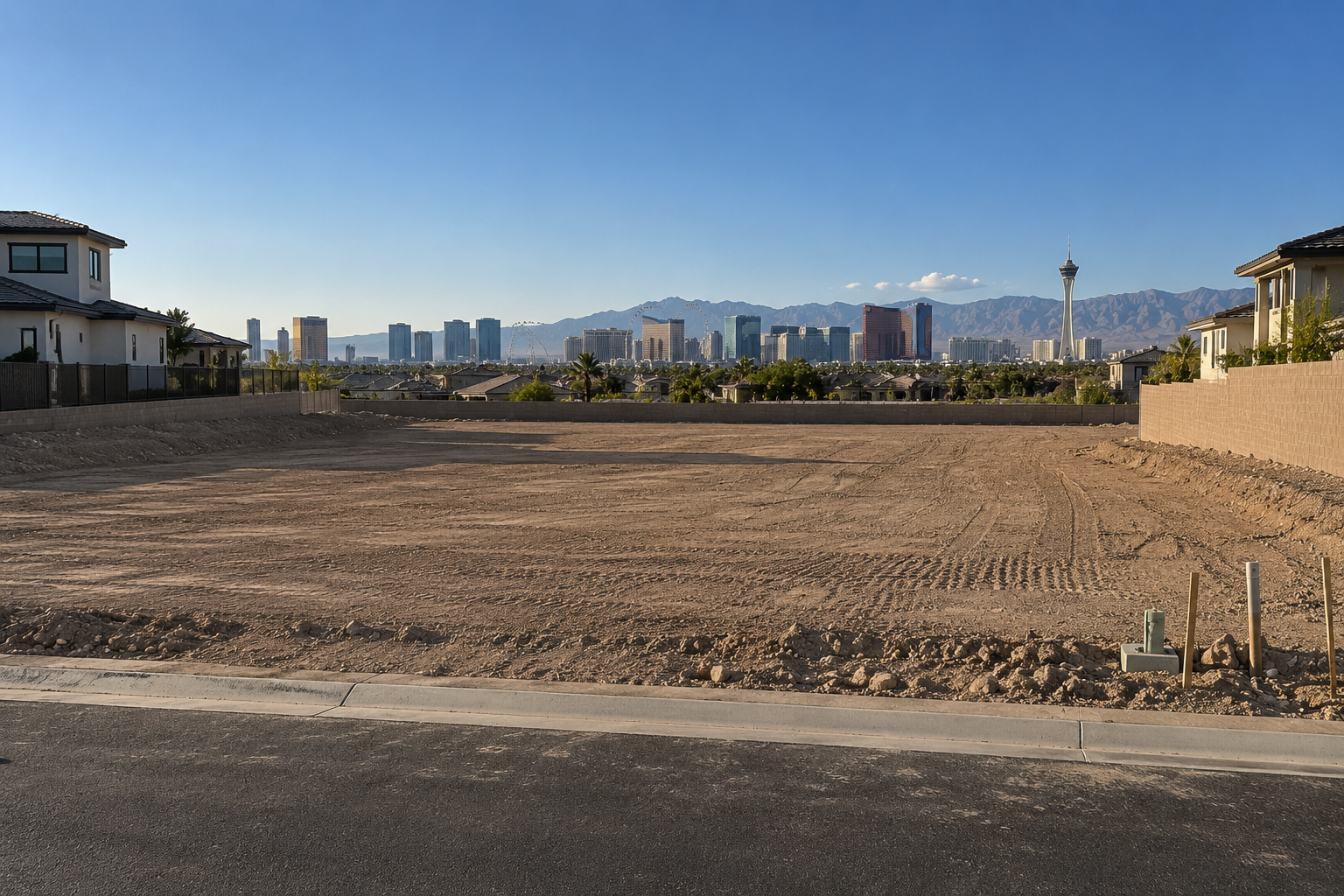 A vacant dirt lot in a residential area with houses on either side, overlooking the Las Vegas skyline in the distance with the Stratosphere Tower and mountains in the background.