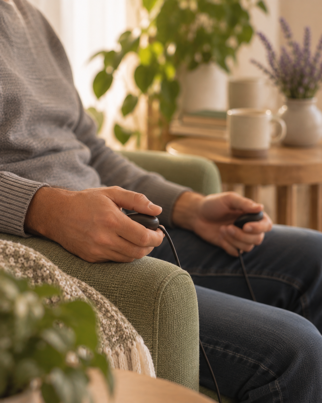 Person in a gray sweater holding EMDR hand tappers while seated in an armchair