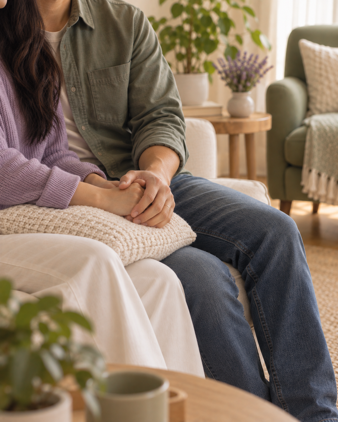 Couple sitting close on a couch holding hands