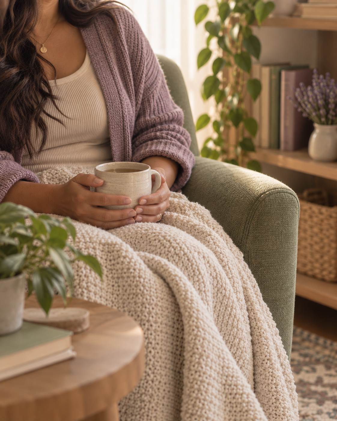 Woman wrapped in a knit blanket holding a mug of tea in a cozy armchair