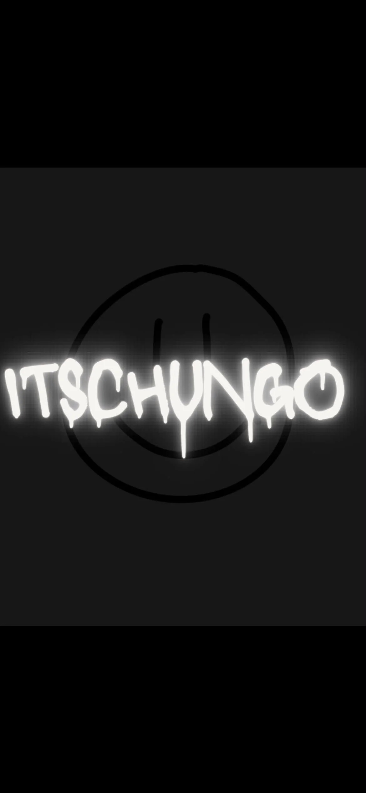 Neon sign with the word 'ITSCHUNGGO' glowing white, set against a black background with a faint circular outline behind the text.