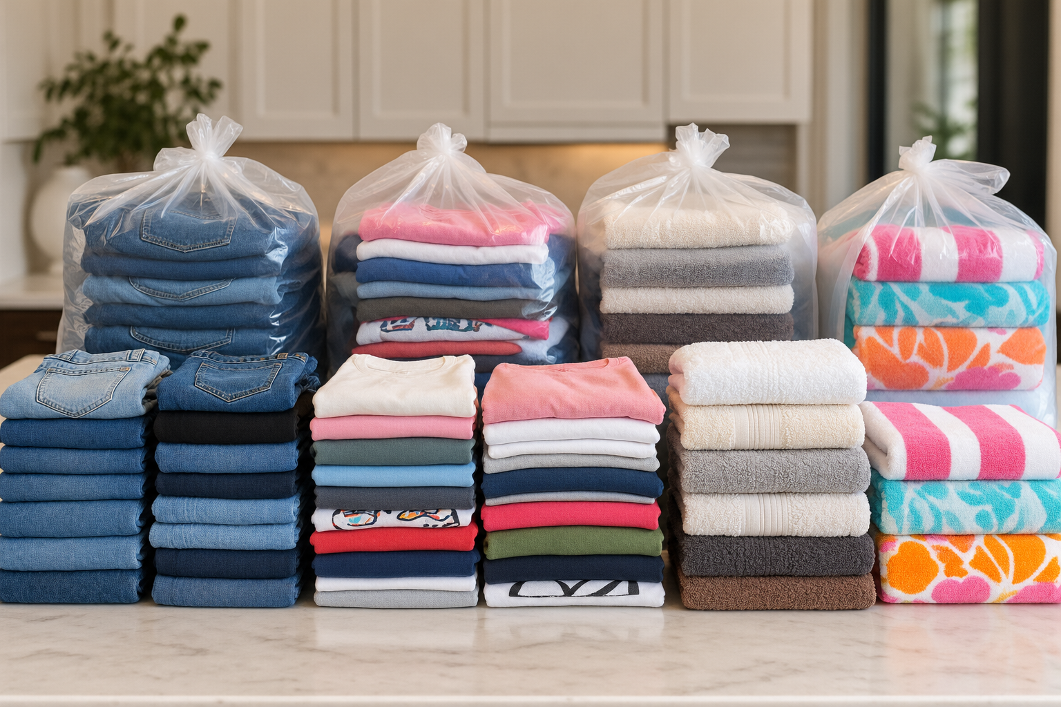 Freshly folded laundry neatly sorted into bags, ready for pickup and delivery.