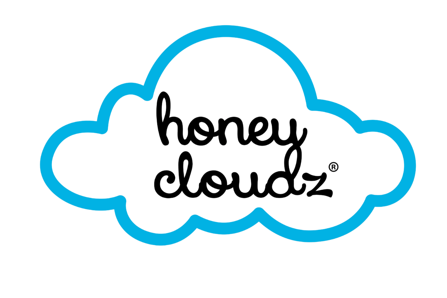 Blue outlined cloud shape with the words "honey cloudz" written inside in black cursive.