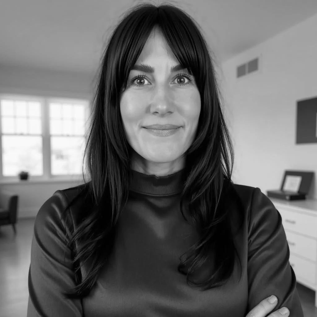 A woman with long dark hair and a light smile, wearing a dark top, looks directly at the camera inside a bright, modern room with large windows and minimal decor.