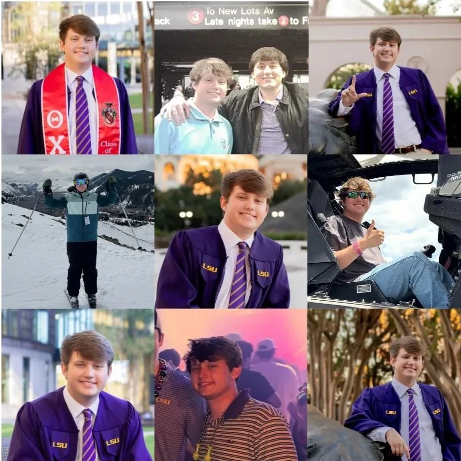 A collage of nine photos of a young man in various settings and outfits, including graduation attire, outdoor adventures, and social events.