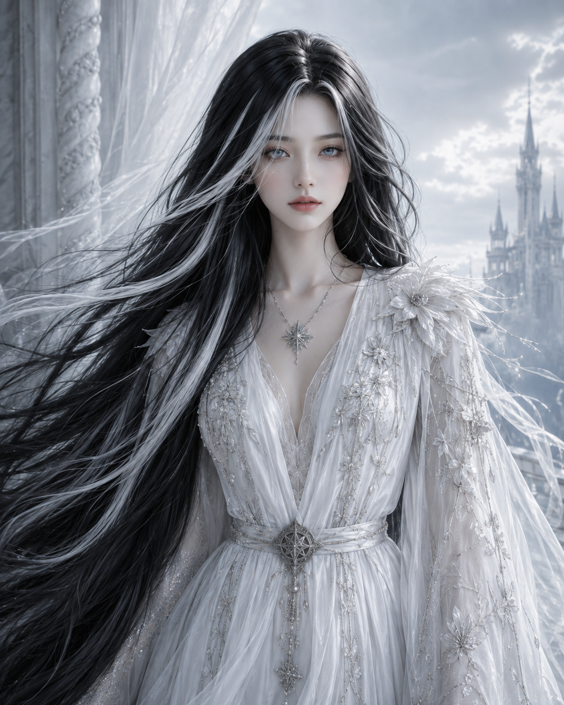 Breeze, the Air character from the Barstown Castle series, dressed in white in a pale wintry setting.
