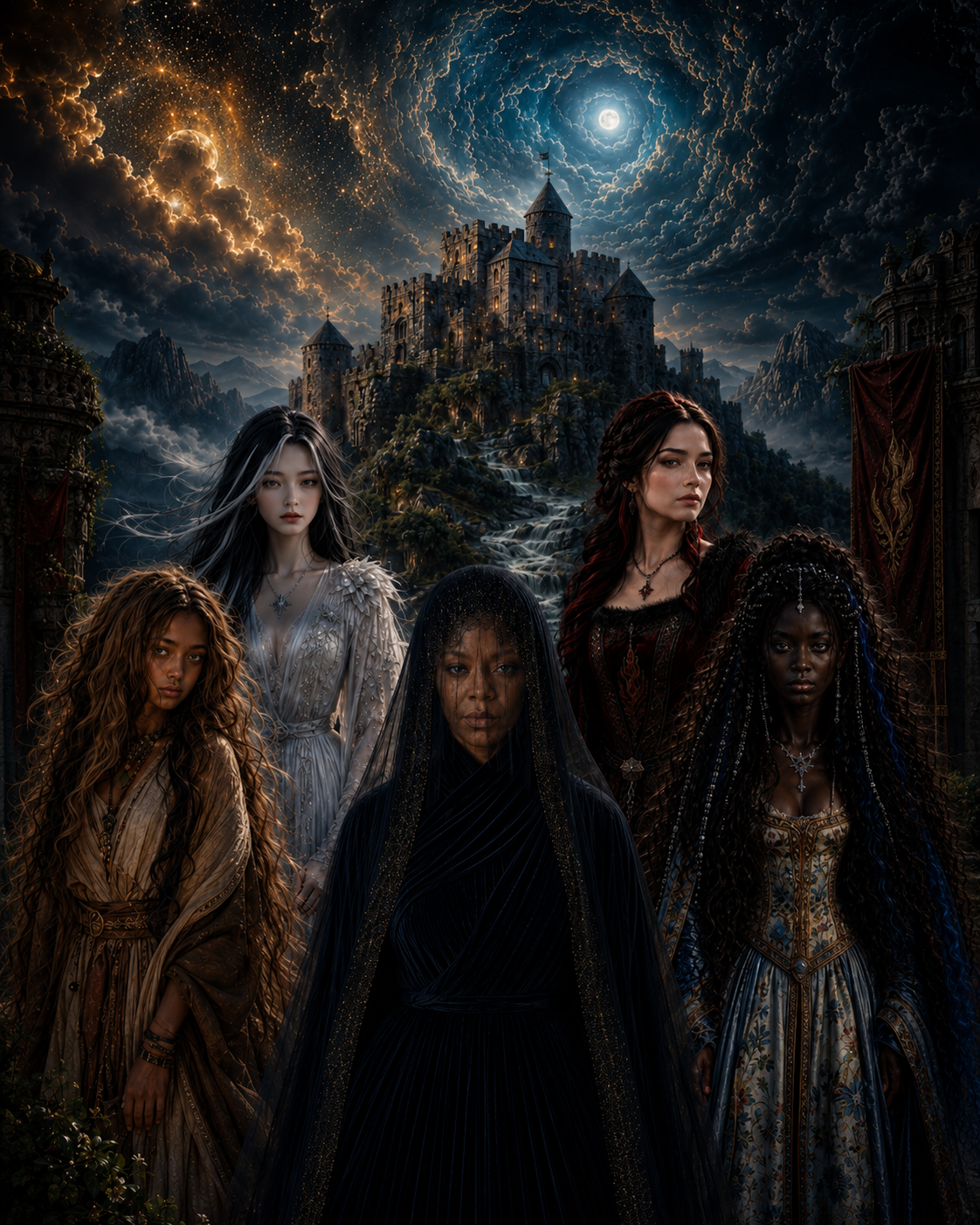 The five central women of the Barstown Castle series standing before Barstown Castle beneath a glowing ancient portal.