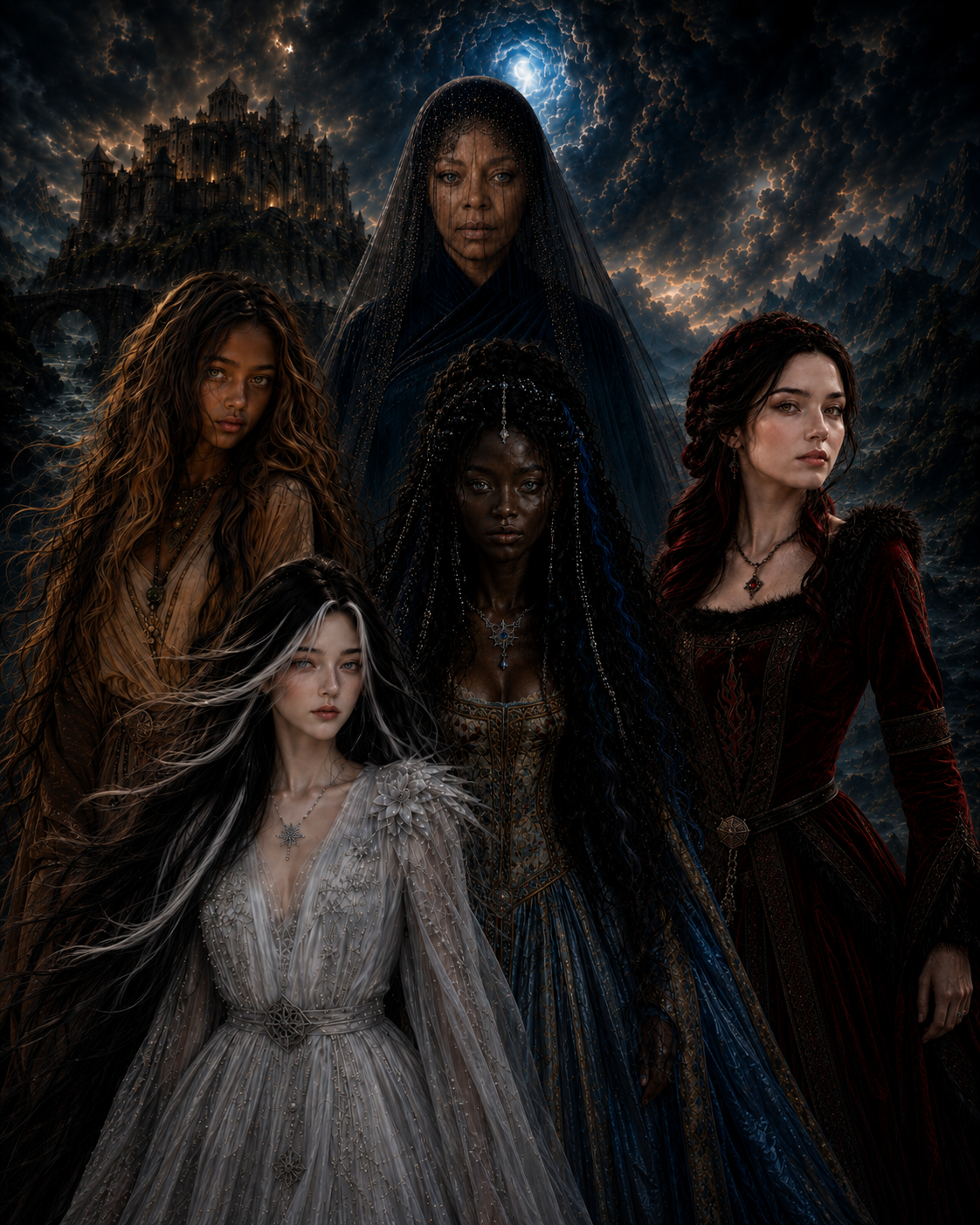 The five central women of the Barstown Castle series gathered beneath the portal sky.