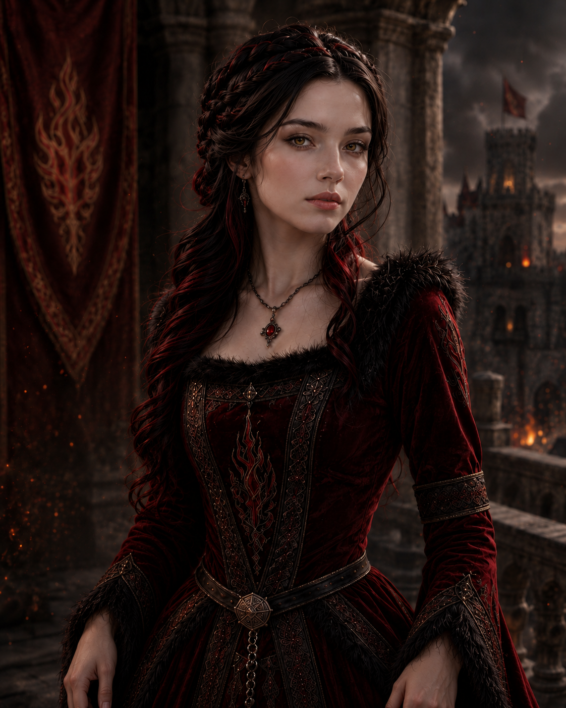 Blue, the Fire character from the Barstown Castle series, wearing a dark gown in Barstown.