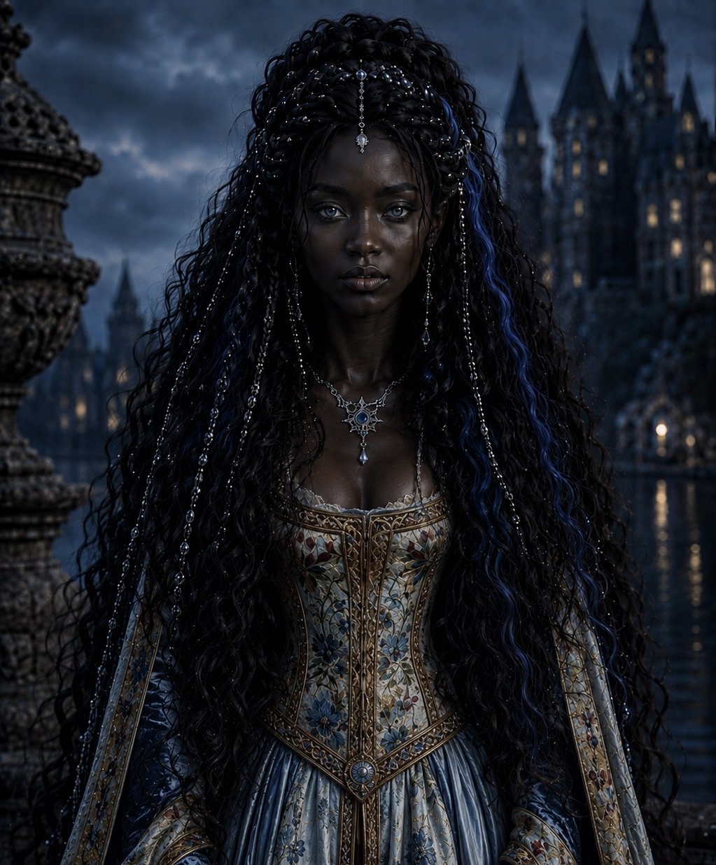 Clear, the Water character from the Barstown Castle series, standing in a dark castle setting.