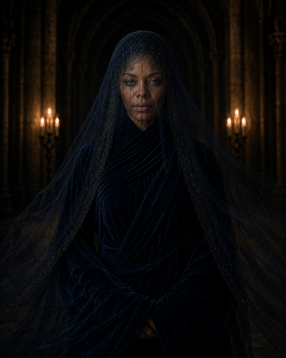 Rehtom, the Mind Healer from the Barstown Castle series, standing in a dark interior lit by candlelight.