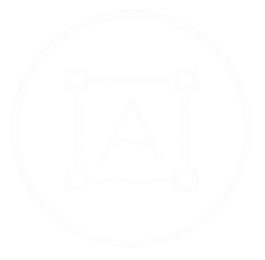 A circular logo with a central letter 'A' inside a square and connected by lines to four corner squares, surrounded by black and white abstract splash patterns.