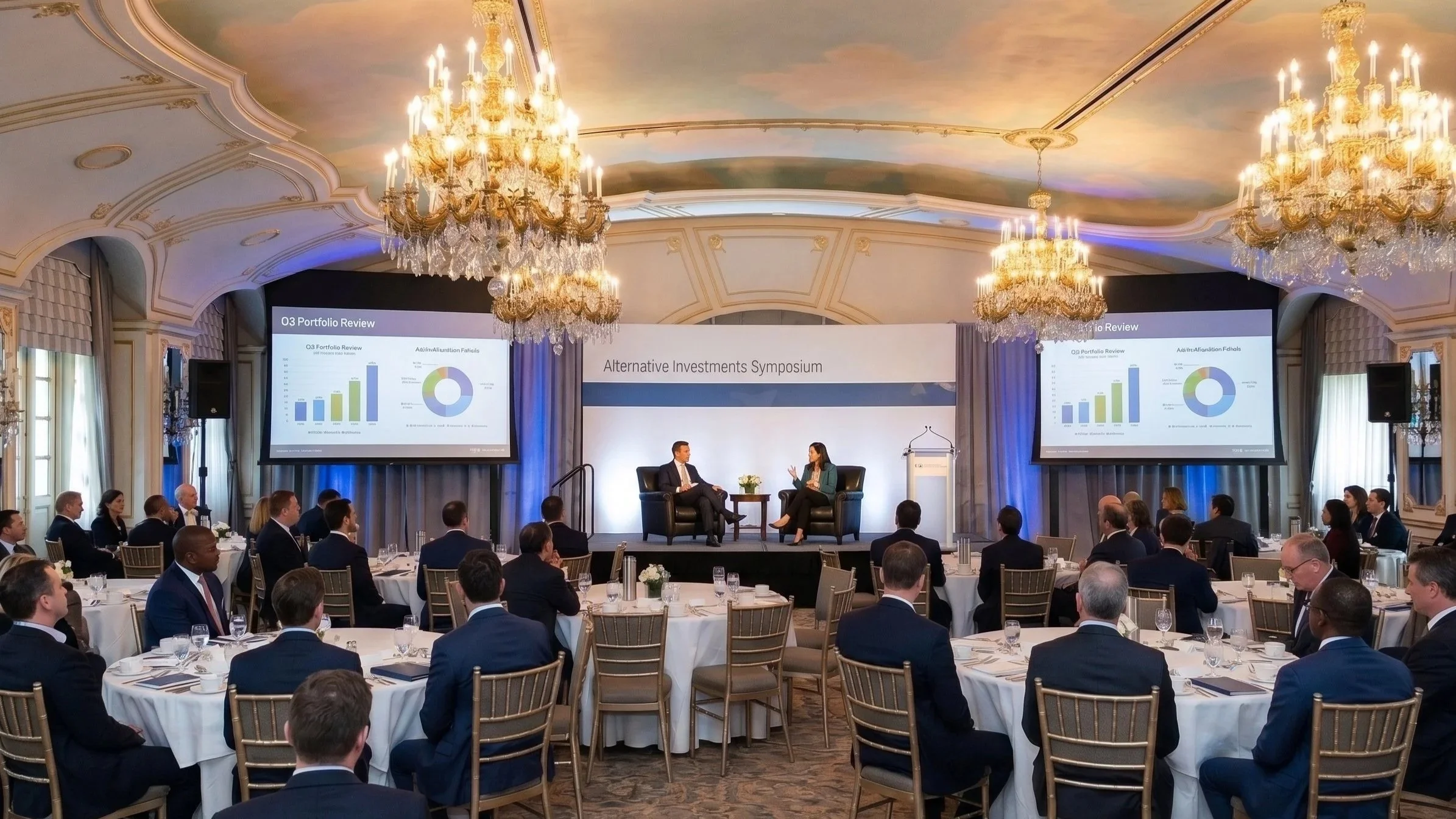 A conference room with ornate chandeliers and draped curtains. A stage with two people seated in conversation, presentation slides on screens behind them. Audience sitting at round tables, listening to the discussion.