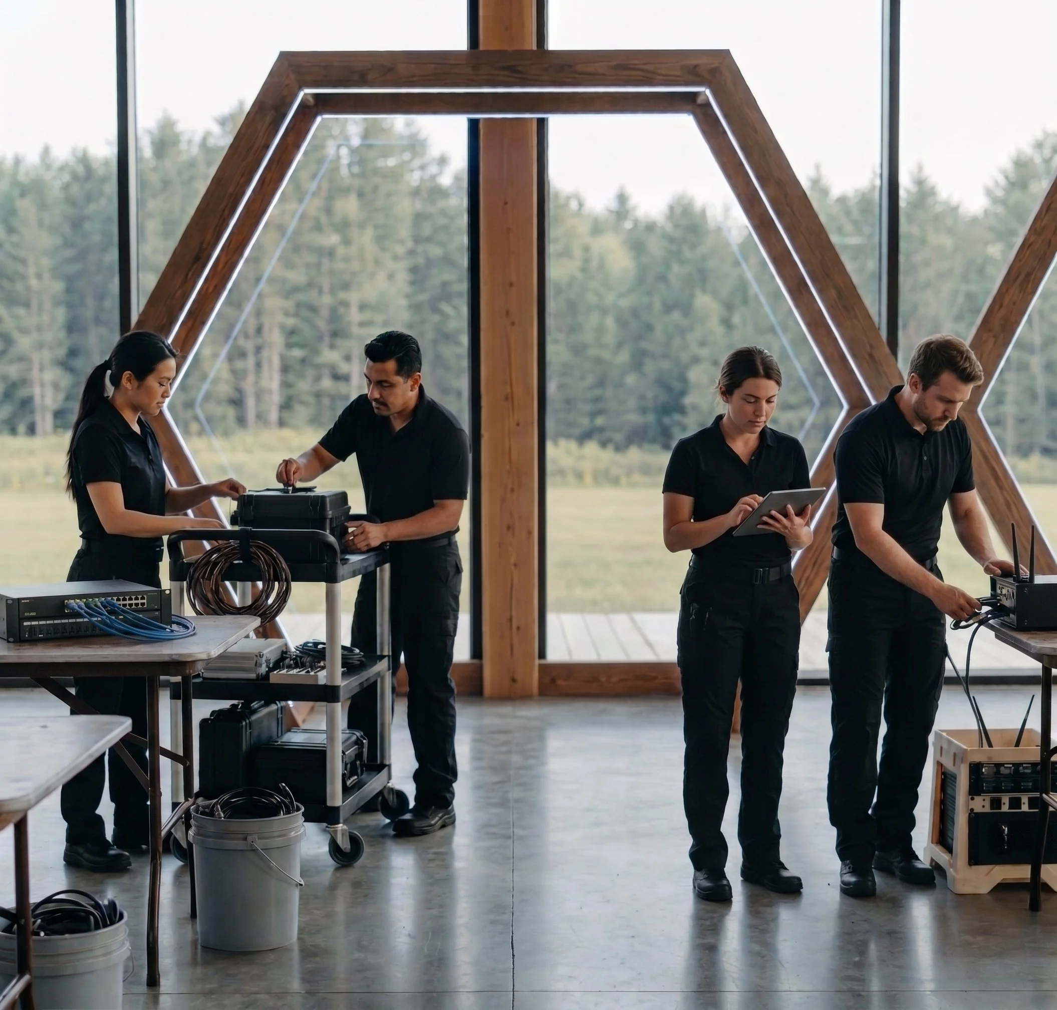 A group of four people standing in front of a large window with trees outside, working with networking equipment, cables, and a power supply in a room with wooden beams.