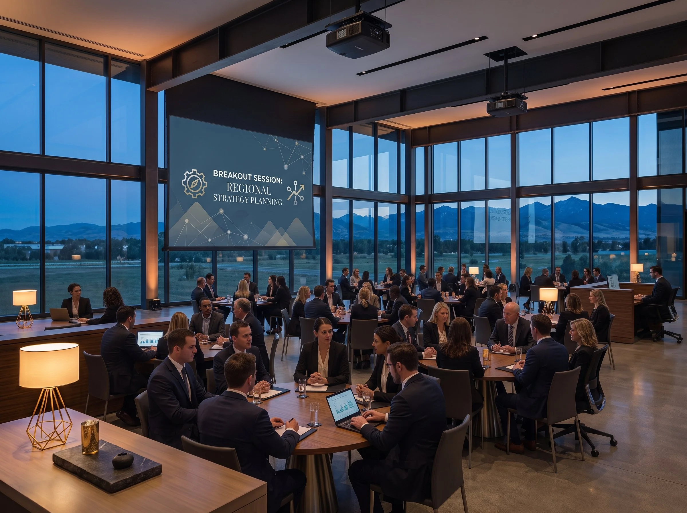 A diverse group of business professionals gathered around tables in a modern conference room with large glass windows and mountain views. They are engaged in a discussion or listening to a presentation, with some using laptops and notepads.