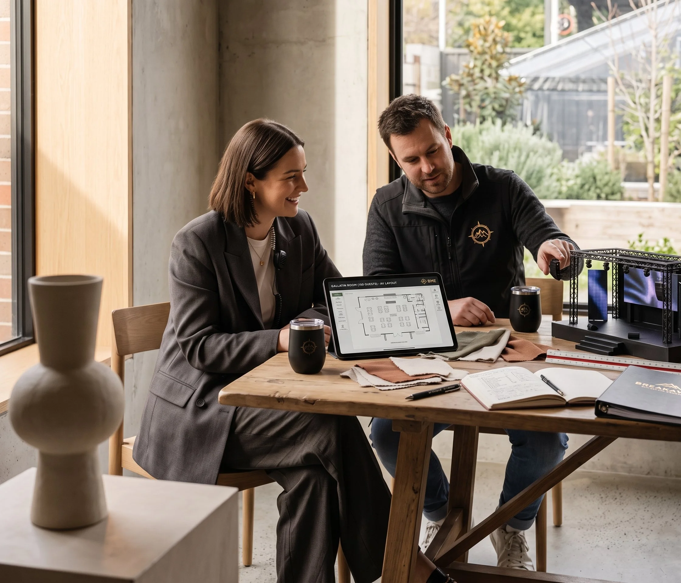 A woman and a man sitting at a wooden table inside a room near a large window, looking at a tablet device. The woman is smiling and wearing a blazer, while the man, dressed in a black jacket, is showing something on the tablet. There are coffee cups, a notebook, and a model or small display on the table.
