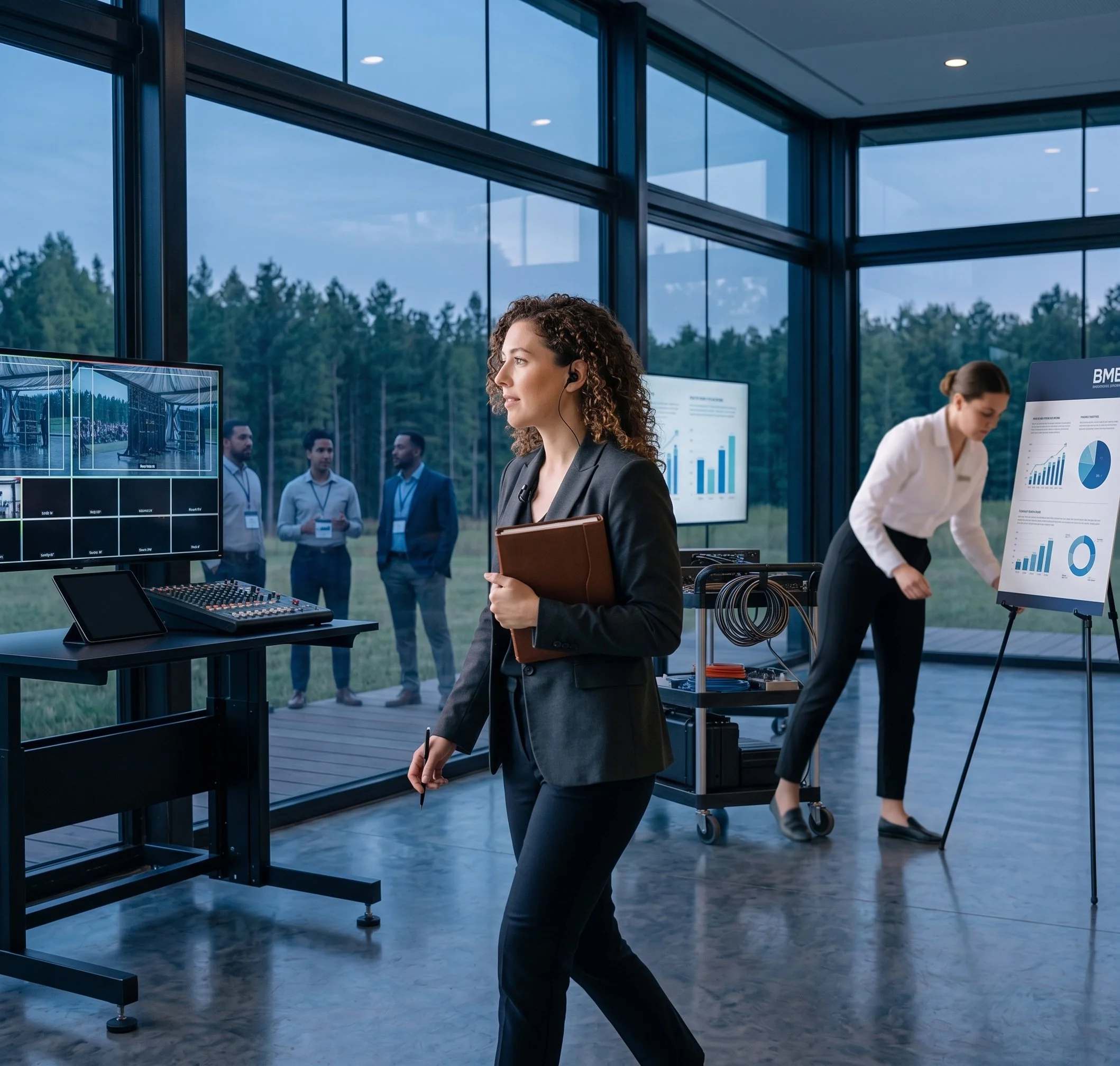 Woman with curly hair in business attire standing in a modern office, looking at multiple computer screens displaying charts and graphs, with group of people working and discussing in the background.