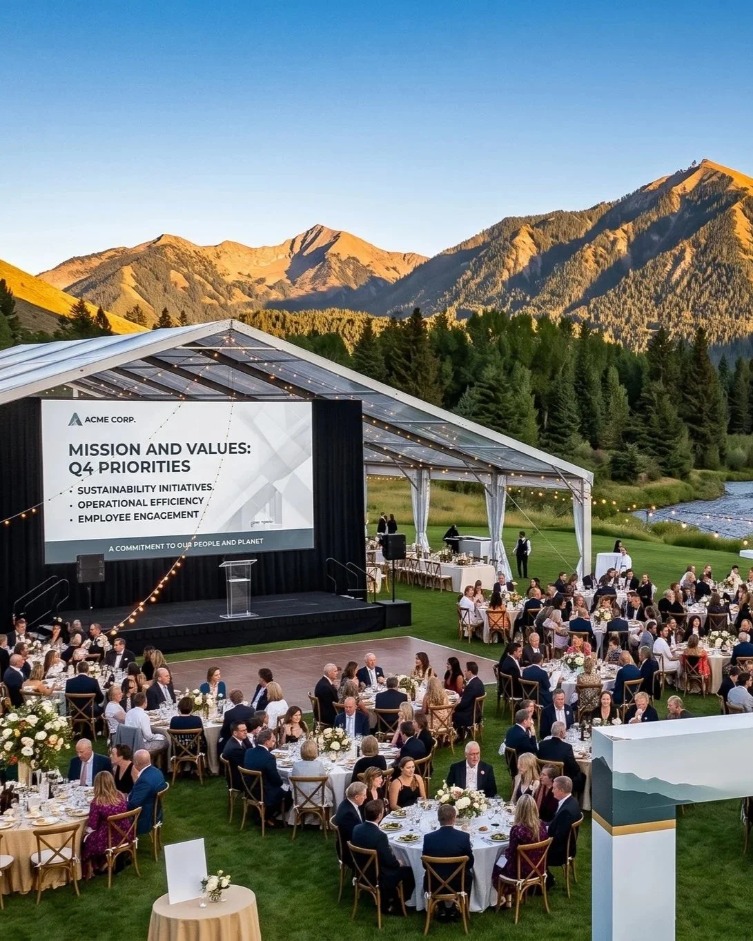 Outdoor corporate event with round dining tables set on grass, a large screen displaying company mission, and a scenic mountain landscape in the background.