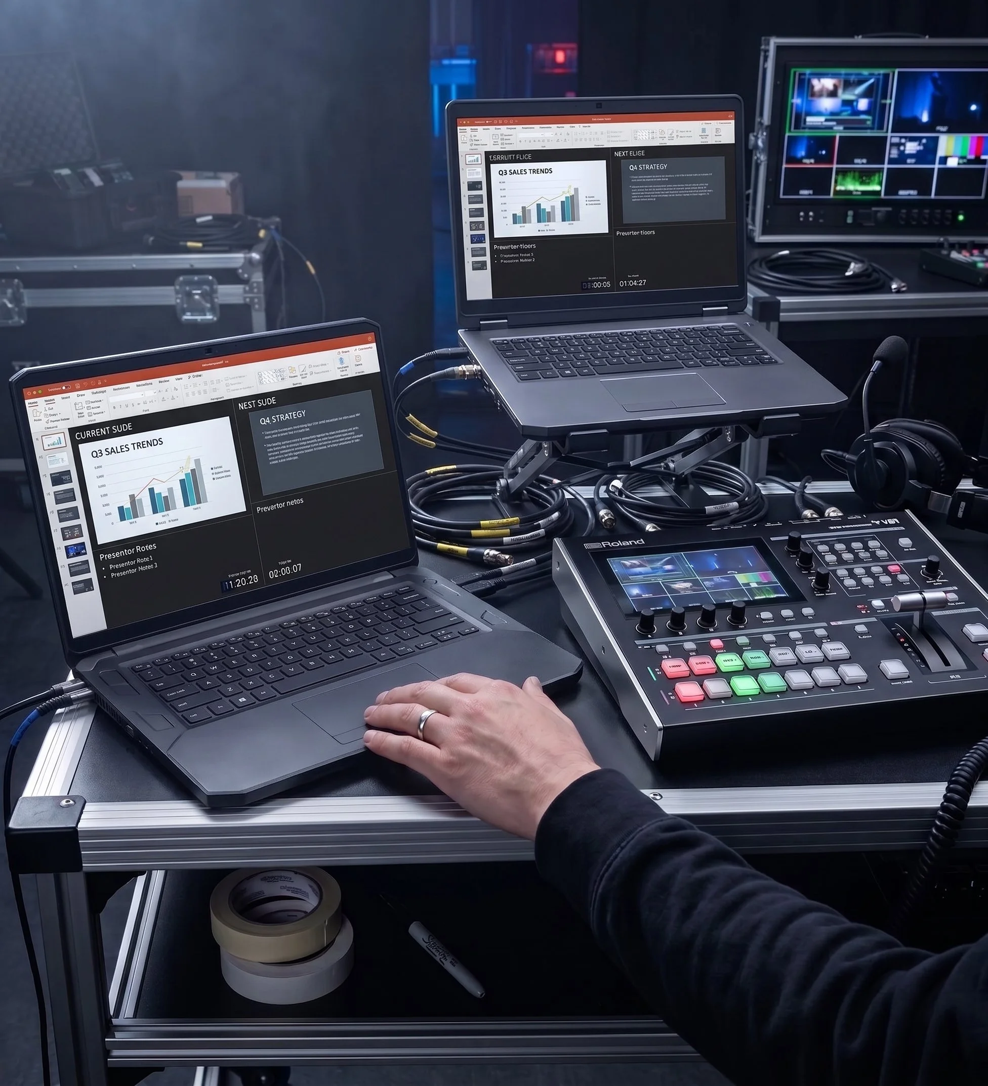 Setup of multiple electronic devices including laptops, a MIDI controller, and video monitors on a black table, with cables, tape, and technical equipment in the background, suggesting a production or broadcasting environment.