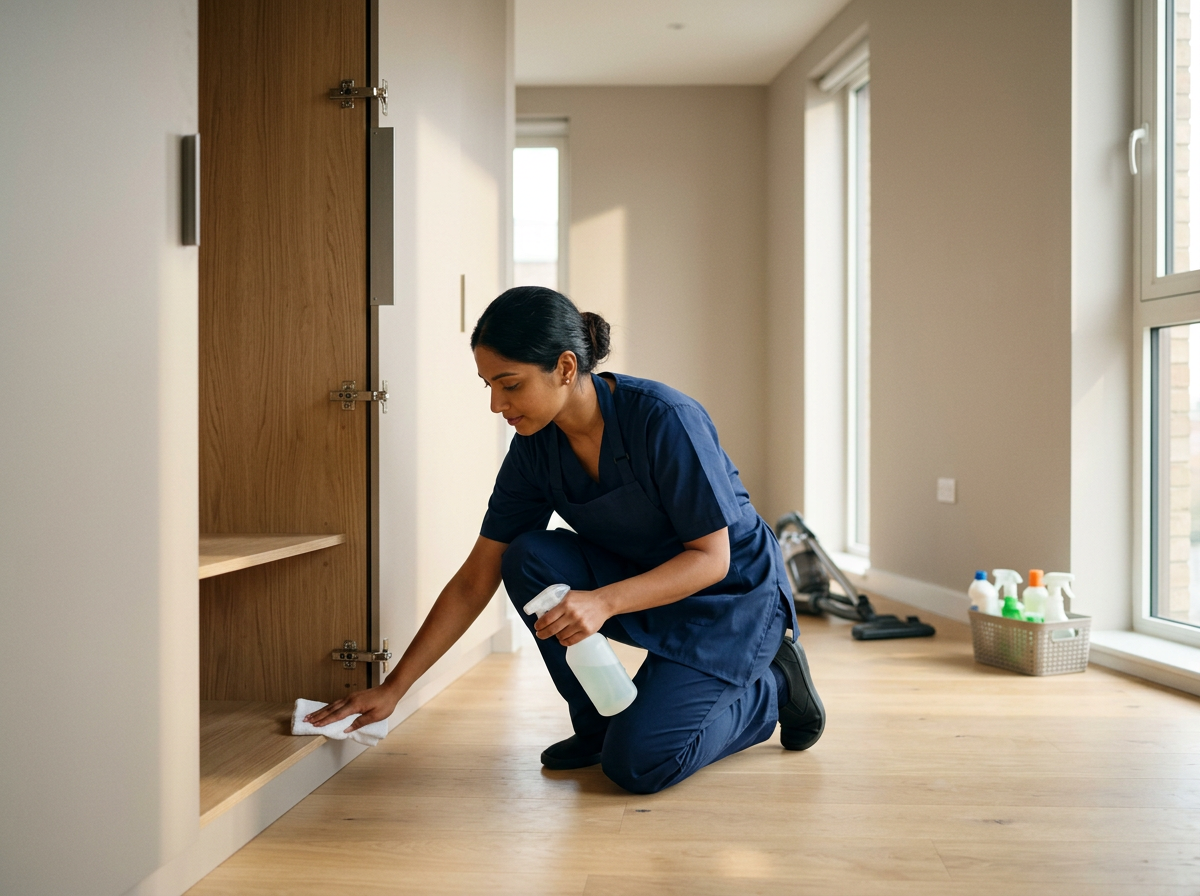 A woman in a navy uniform cleaning the floor of a room with a cloth and spray bottle.
