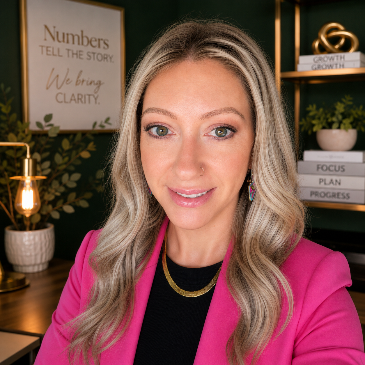 A woman with long blonde hair wearing a pink blazer and a black top, smiling in a room with green walls and decor including framed text artwork, plants, and books.