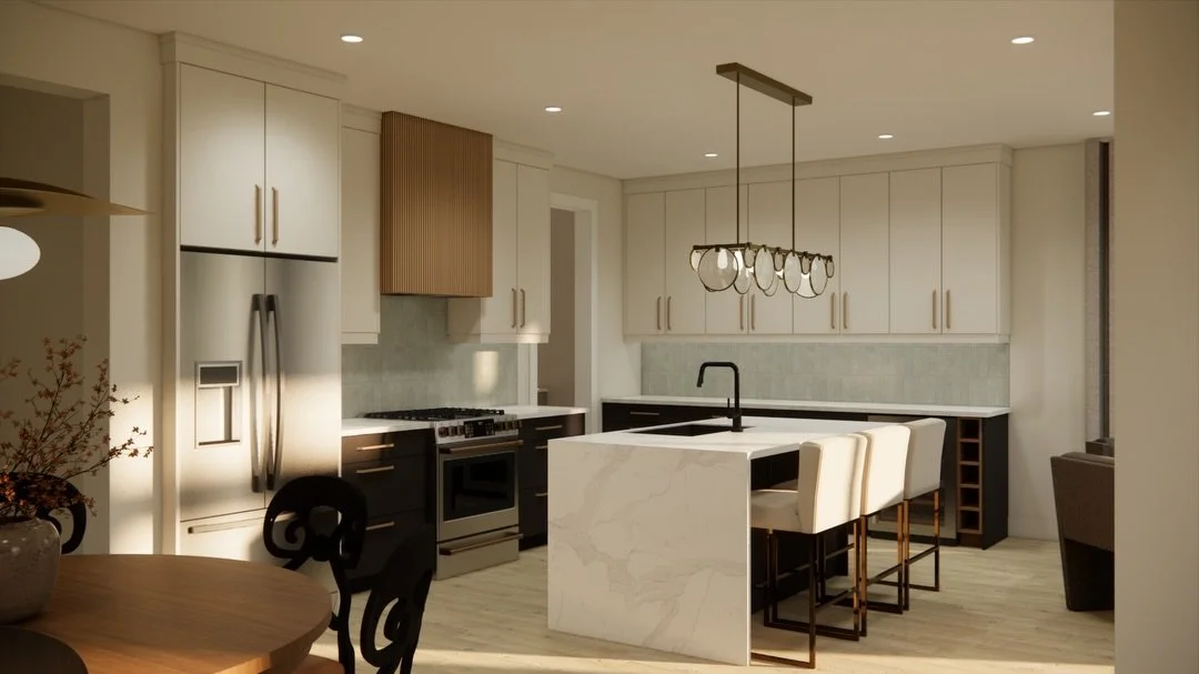 We refreshed this modern home and original builder grade finishes by implementing a new colour palette, adding refined details, new furnishings, fixtures, textiles and hardware to achieve a more custom and elevated space that better suited our client