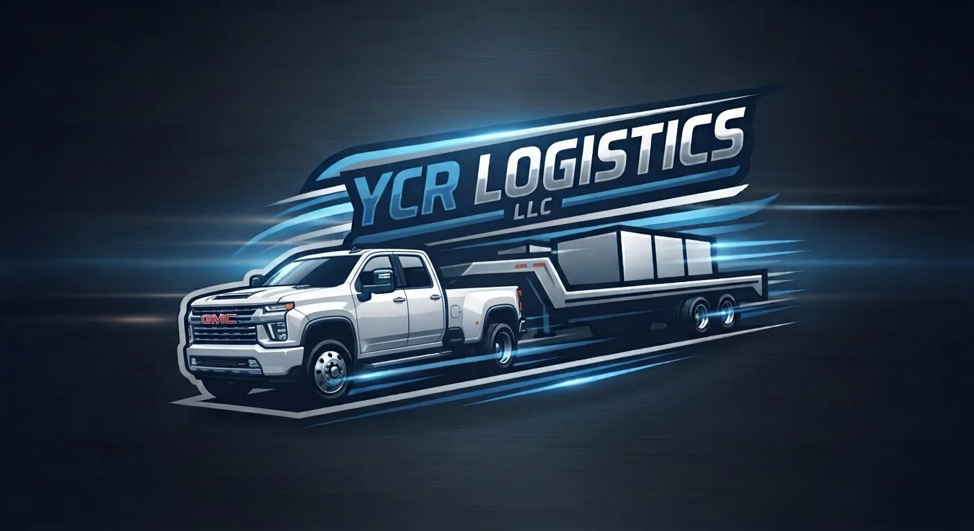 Digital illustration of a GMC truck towing a trailer with the logo 'YCR LOGISTICS LLC' above it, with motion blur effects.