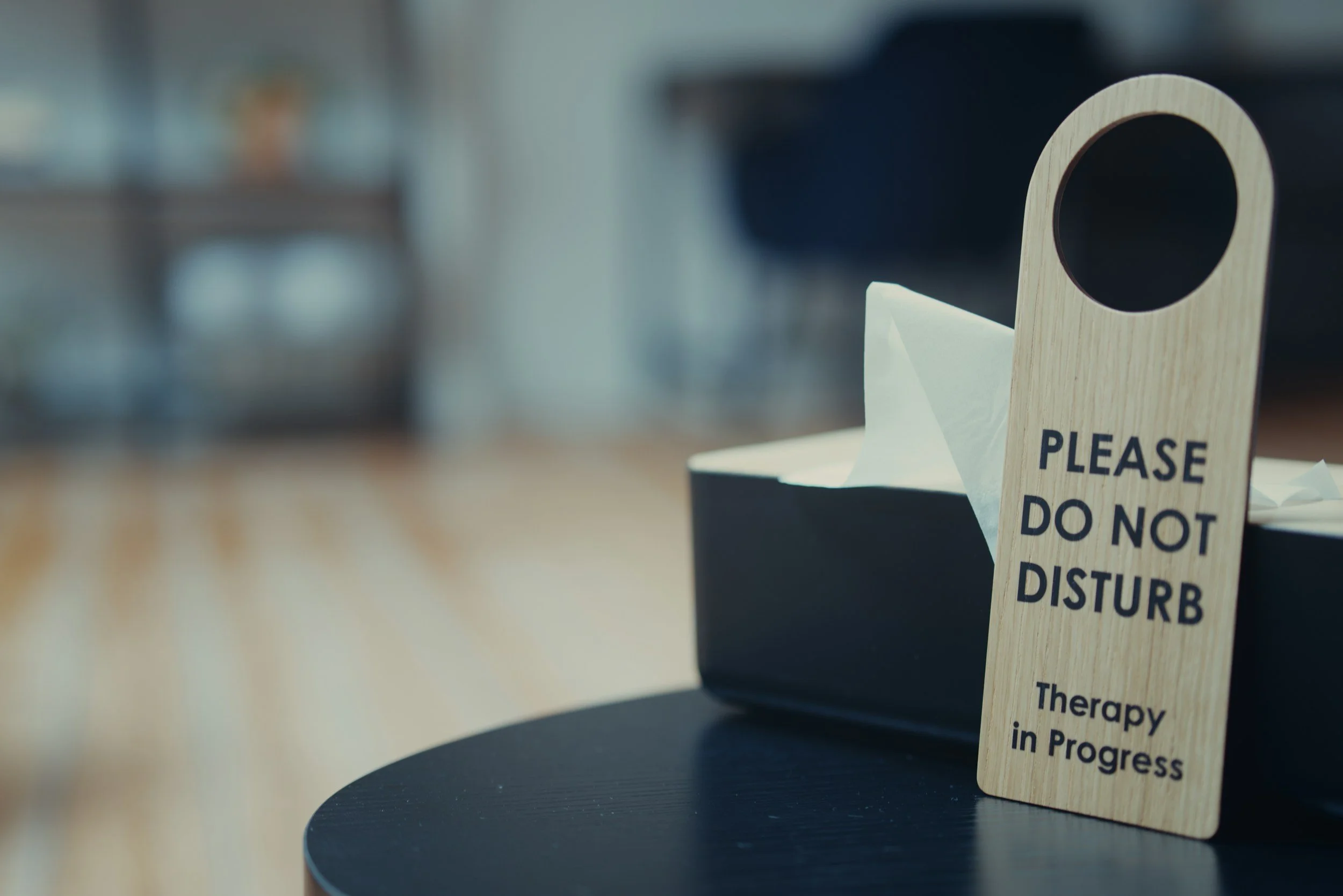 Wooden sign reading “Please Do Not Disturb—Therapy in Progress” beside a tissue box