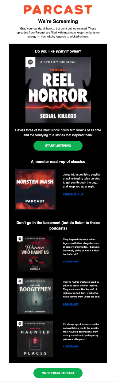 Email blast promoting Halloween programming at Parcast