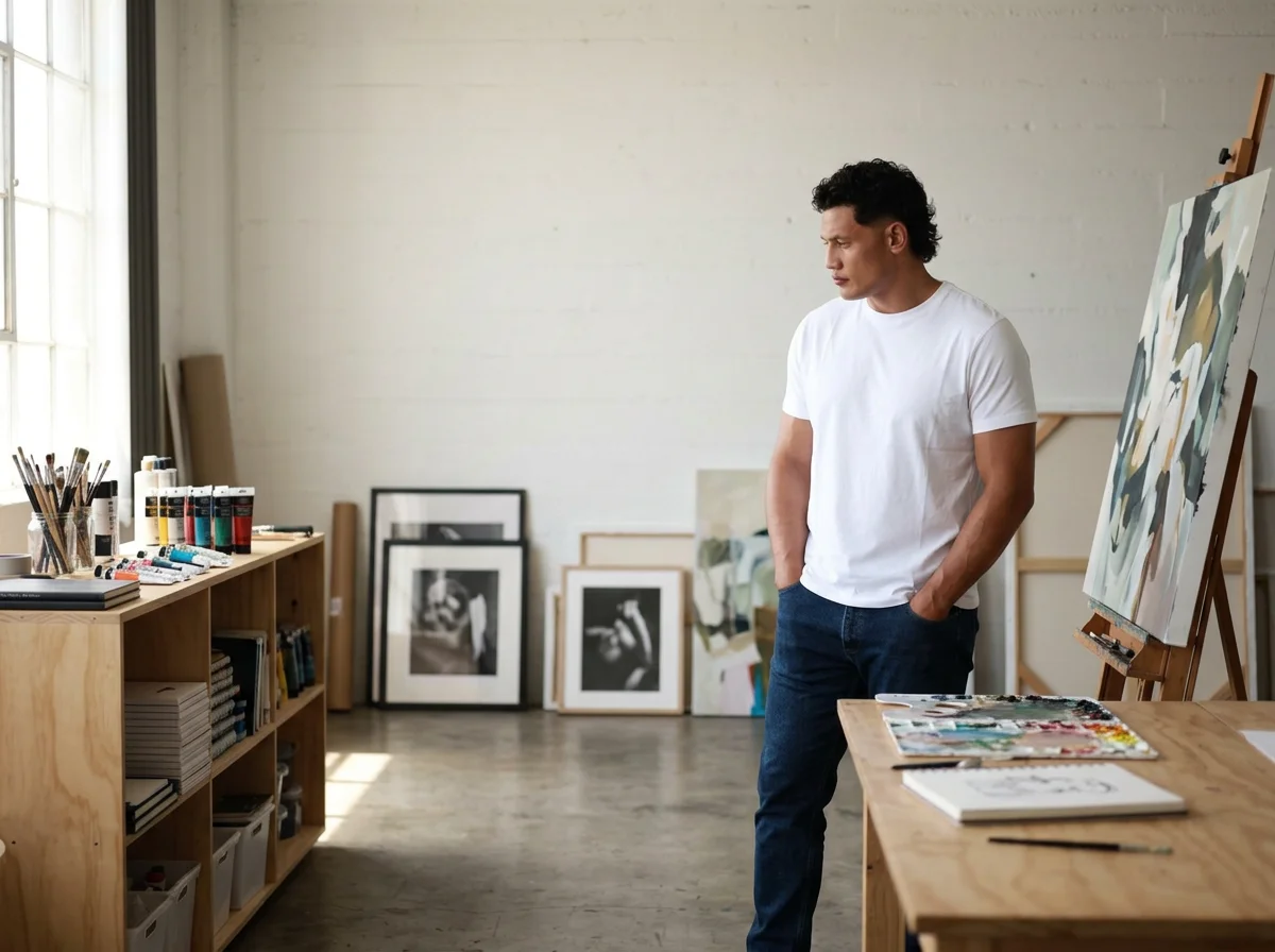 Artist in a white T-shirt and jeans observing an abstract painting in a naturally lit studio.