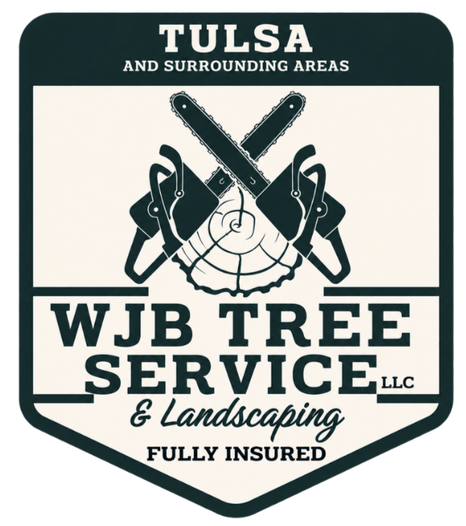 Logo for WJB Tree Service LLC in Tulsa, featuring a tree stump with chainsaws crossed above it, and text indicating landscaping services, full insurance, and local area.