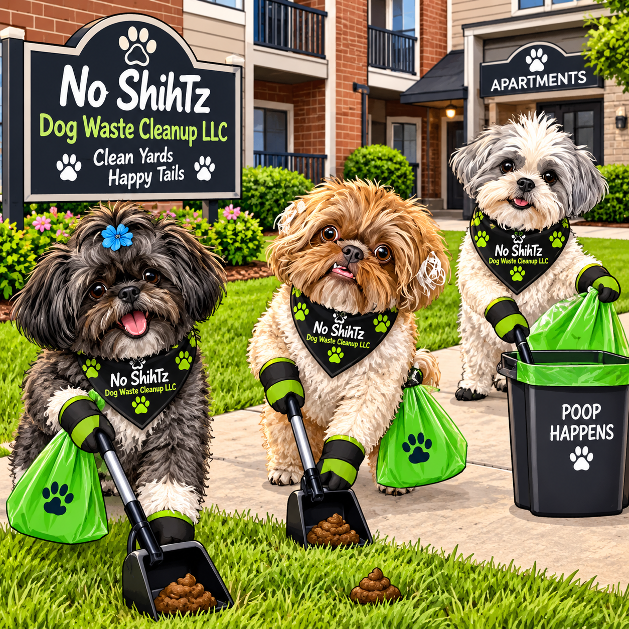 Three dogs dressed in pickup outfits with trash bags and scoops cleaning up dog waste on a sidewalk in front of a residential apartment complex. A sign in the background advertises "No ShiHTz Dog Waste Cleanup LLC" and states "Clean Yards Happy Tails."