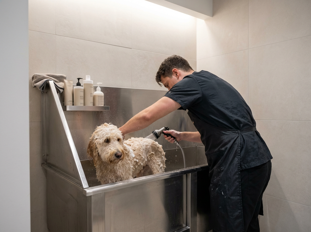 A person giving a dog a bath in a stainless steel pet washing station in a tiled room.