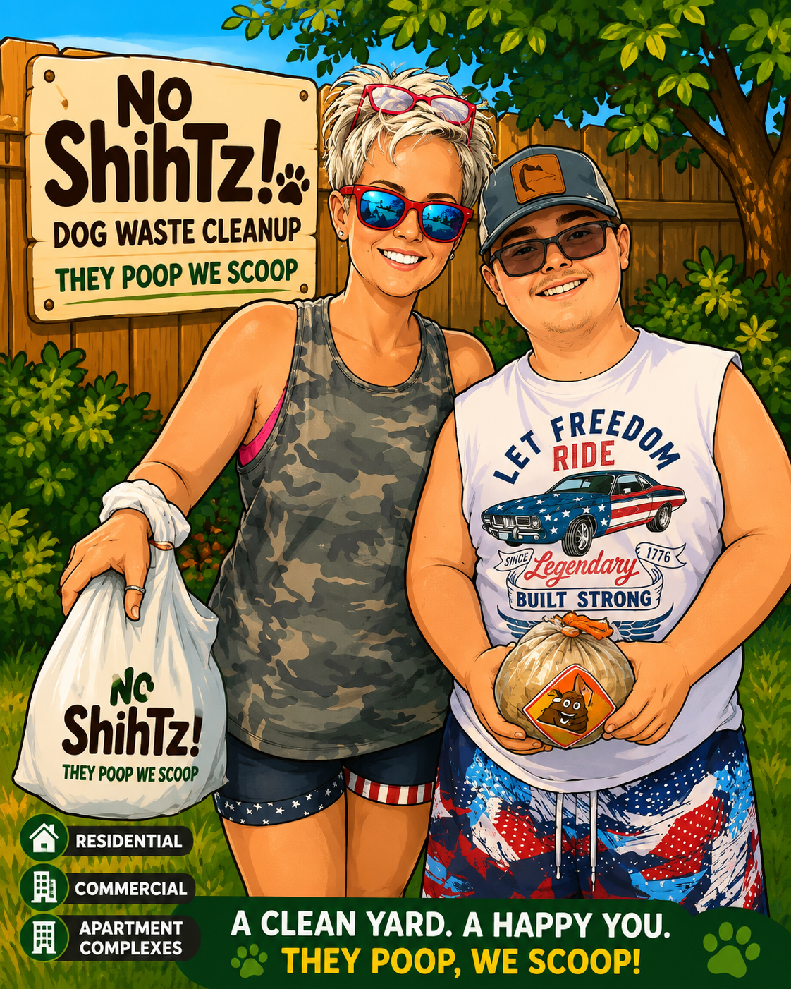 A woman and a man smiling with a fence, trees, and a blue sky in the background. The woman is holding a bag that says 'No Shih Tz! They Poop We Scoop.' The man is holding a bag of dog waste with a poop emoji label. A sign reads 'No Shih Tz! Dog Waste Cleanup. They Poop We Scoop.' The scene promotes dog waste removal services.