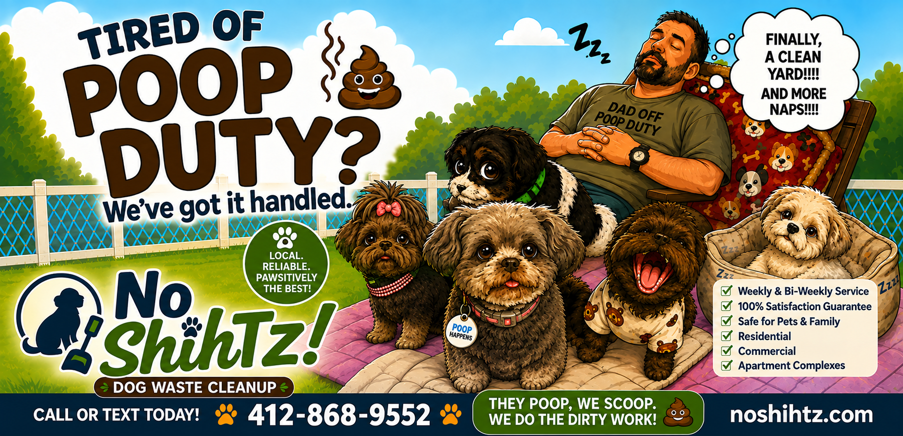 A colorful advertisement for dog waste cleanup services featuring a man sleeping in a garden with several dogs, puppy illustrations, and a list of service features.