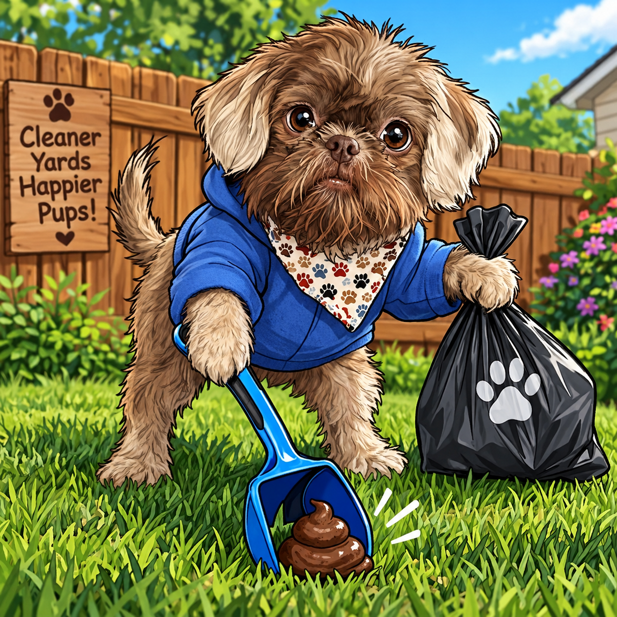 A cute dog wearing a blue hoodie and a paw print bandana, holding a black trash bag and a blue scoop with a pile of poop, standing on green grass in a backyard with a wooden fence and a sign that says 'Cleaner Yards Happier Pups!'