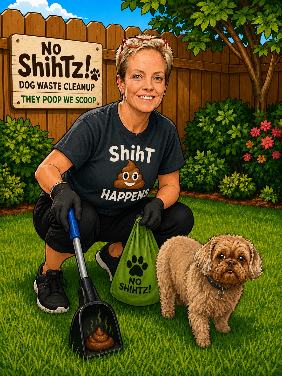 A woman dressed in black is crouching in a backyard, holding a green bag with a paw print and the words 'NO SHIHTZ!' on it. She is wearing gloves and holding a small shovel with a poop emoji on it, containing dog waste. Next to her is a small, fluffy, brown dog. She is wearing a black T-shirt that says 'Shiht HAPPENS' with a poop emoji. Behind them, there is a wooden fence, green bushes, colorful flowering plants, and a tree. A sign on the fence reads 'NO ShihTz! DOG WASTE CLEANUP, THEY POOP WE SCOOP.'