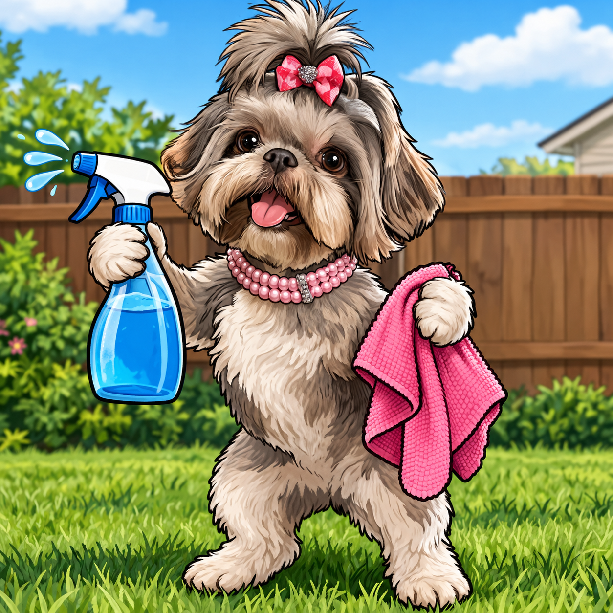 Adorable dog with a pink bow on its head, wearing a pink pearl necklace, holding a pink towel in one paw and a spray bottle of water in the other, standing on a lush green lawn with a wooden fence and blue sky in the background.