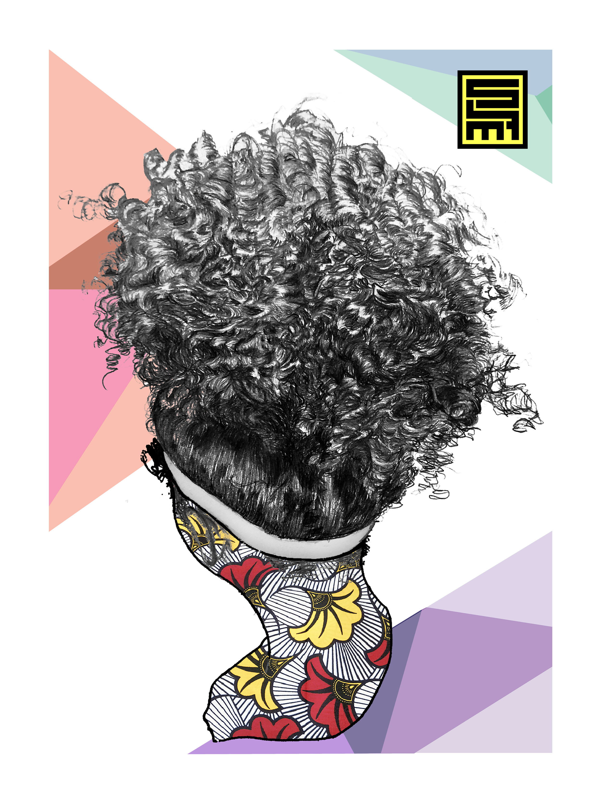 A sketch of a person with curly hair, wearing a patterned clothing with red, yellow, black, and white colors, against a background with colorful geometric shapes.