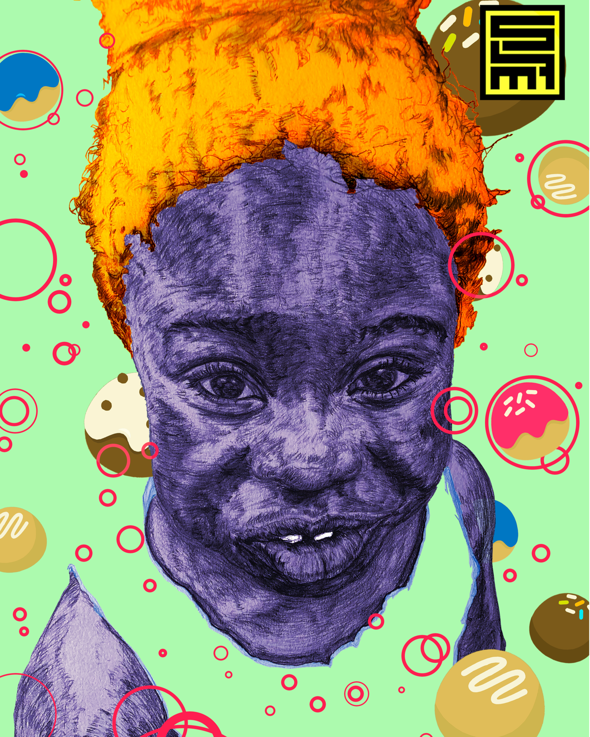 A stylized illustration of a person's face with purple skin and bright orange hair, surrounded by colorful donuts and red circles on a mint green background.