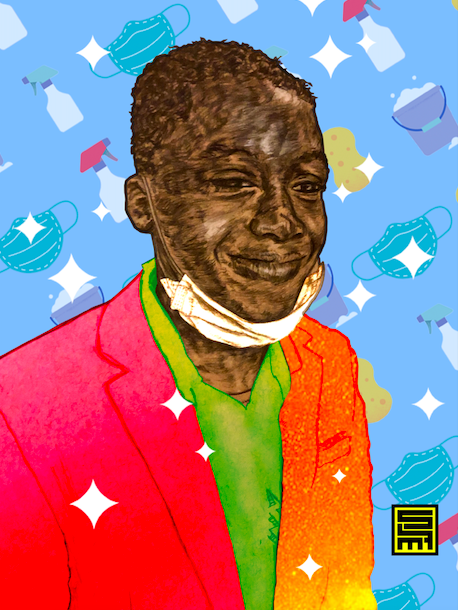 A digitally illustrated portrait of a smiling man wearing a red blazer, green shirt, and face mask hanging below his chin, with a background of masks and sparkles.