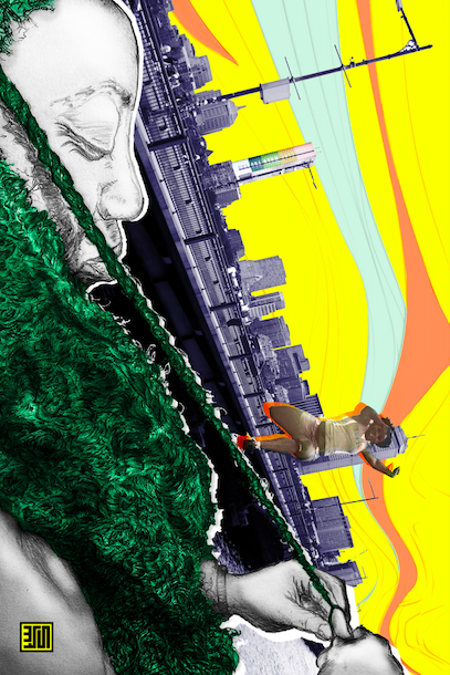 A colorful illustration of a city skyline with a large hand holding a person's head and a woman jumping in the foreground.