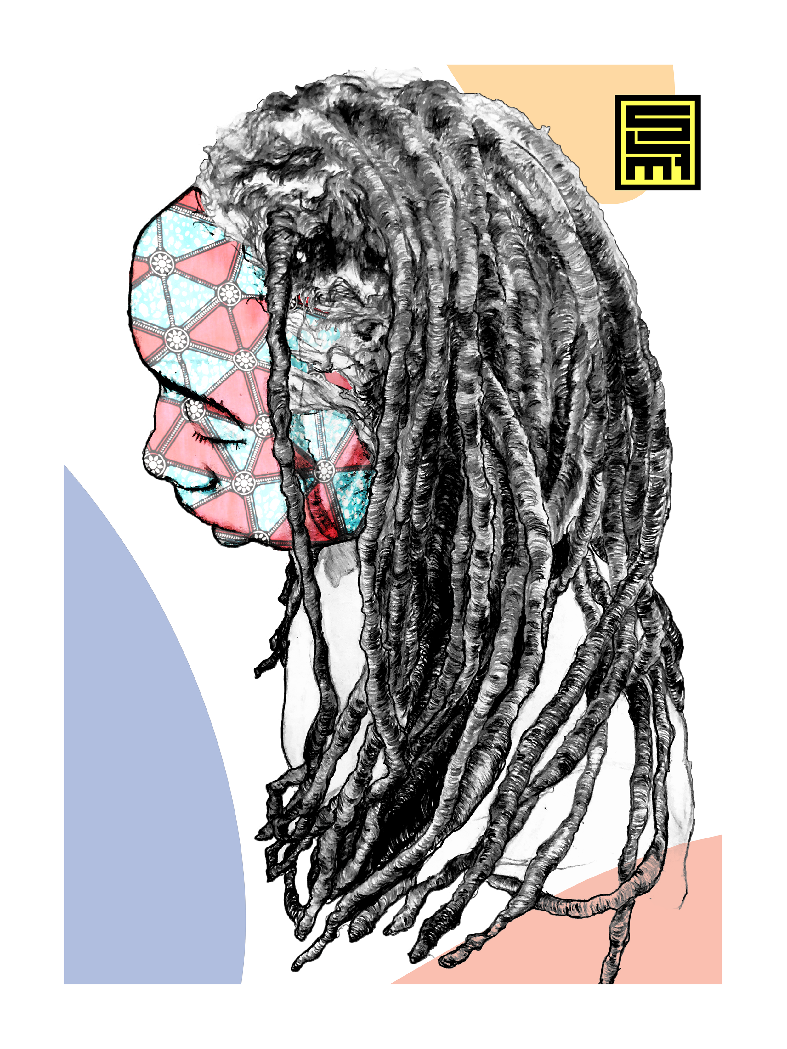 A black and white artistic portrait of a person with closed eyes and long dreadlocked hair, overlaid with colorful geometric and abstract shapes in pastel colors, with background elements in white, beige, blue, and pink.